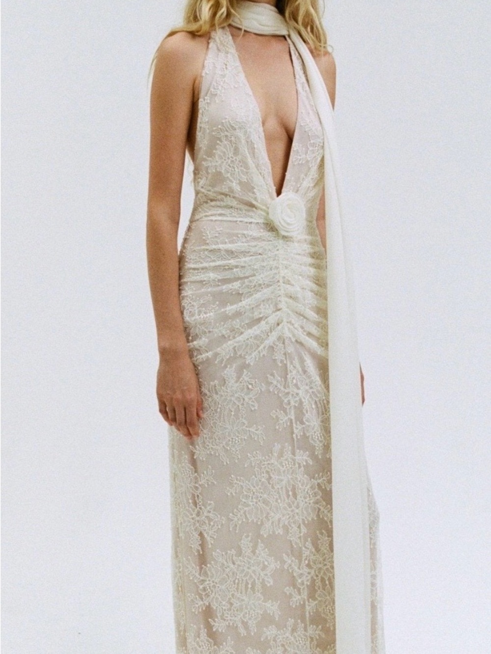 Plunging Halter Lace Wedding Dress in Ivory with Floral Rosette